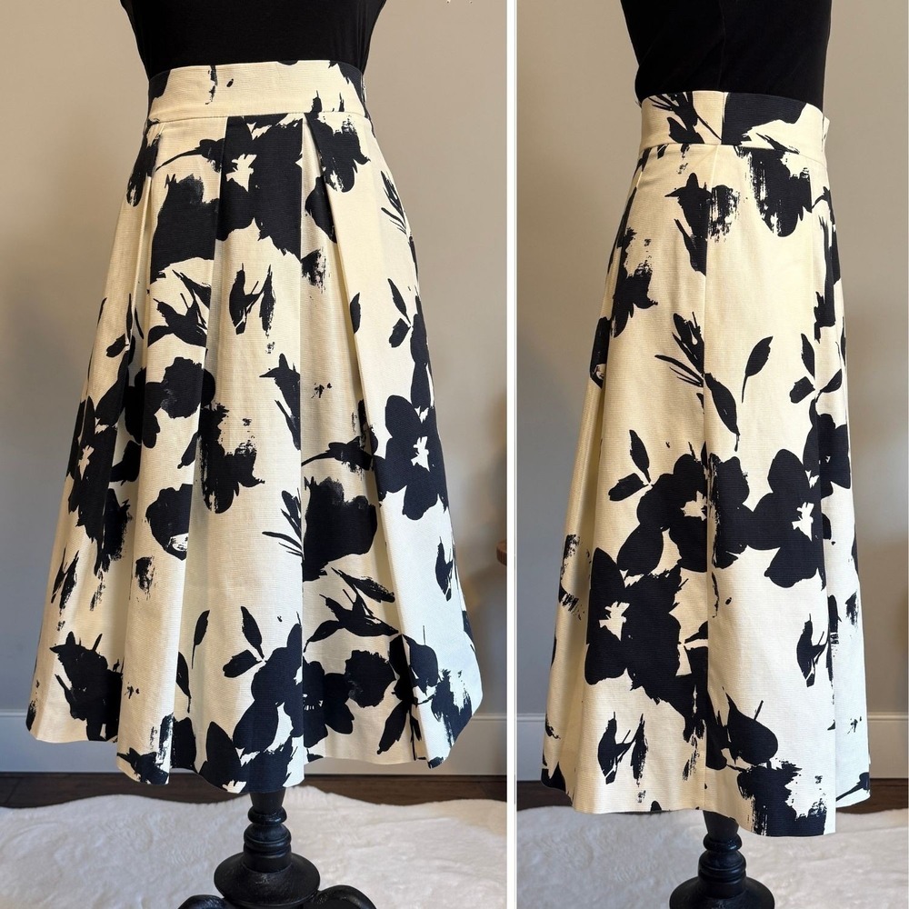 Zara Woman A-Line Midi Skirt Cream‎ Black Floral Pleated High Waist Spain small